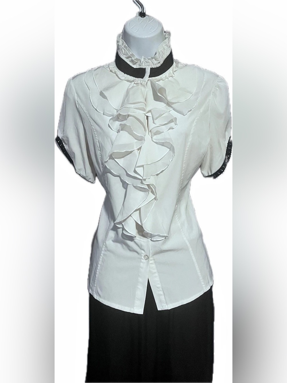 Victorian Style White Ruffle Coquette Blouse with Short Sleeves and Black Trim